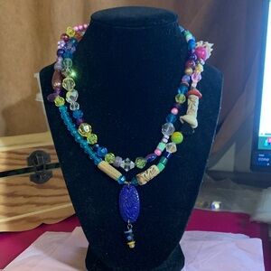 Handmade Multicolor Beaded Statement Necklace - Blue Pendant 15”